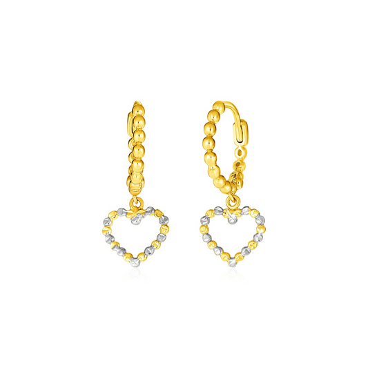 14k Two Tone Gold Beaded Hoop Earrings with Hearts | Elegant Jewelry