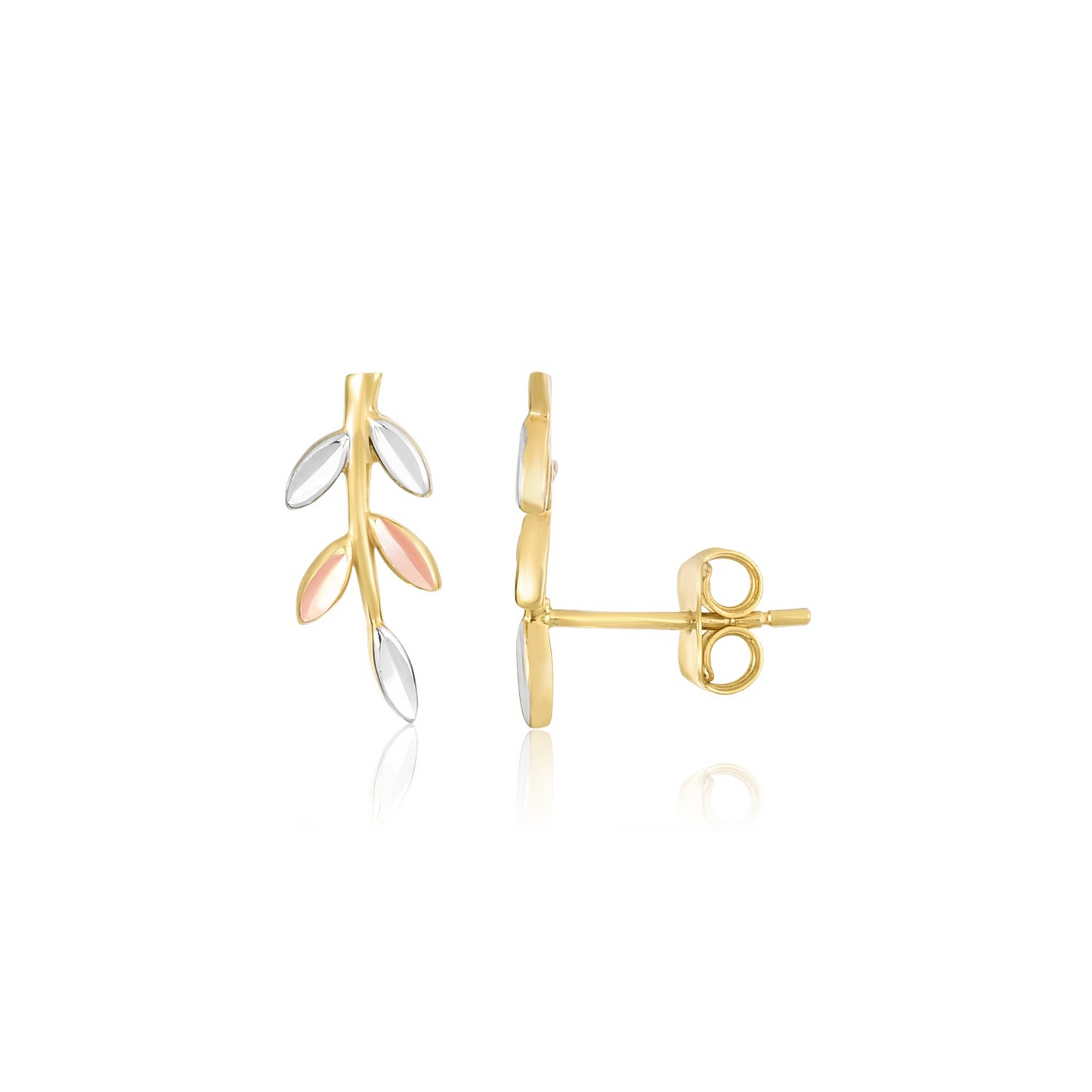 14k Tri-Color Gold Sprig Climber Style Stud Earrings | Botanical Inspired Jewelry