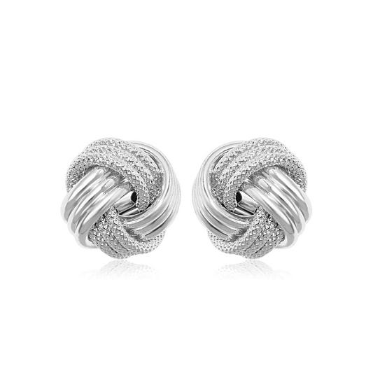 14k White Gold Love Knot with Ridge Texture Earrings - Elegant and Radiant