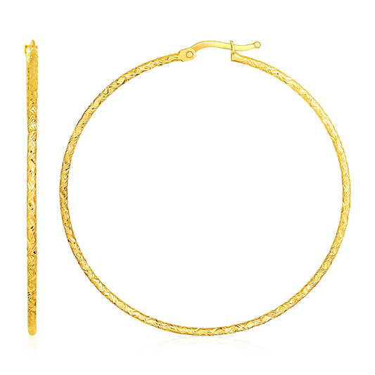 14k Yellow Gold Large Textured Hoop Earrings (50mm Diameter) (1.5mm) | Stunning Jewelry