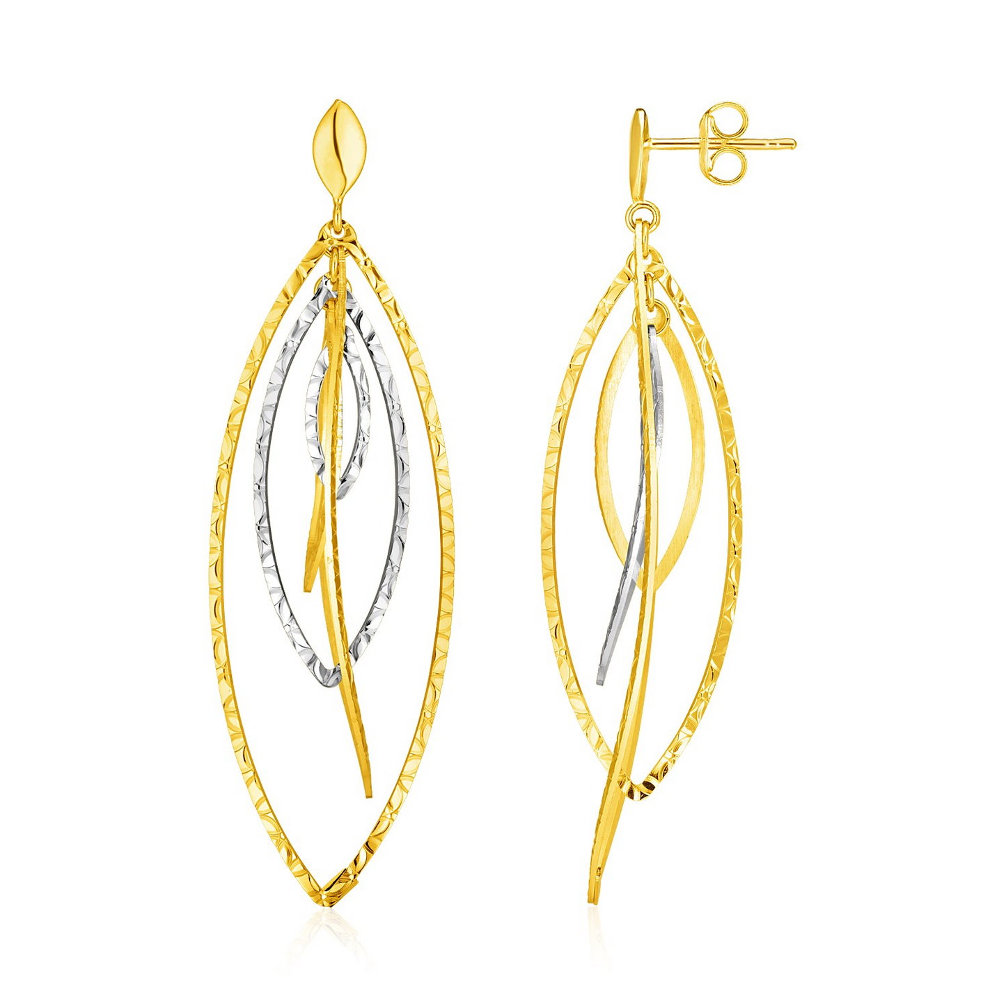 14k Two Tone Gold Textured and Polished Marquise Motif Earrings - Elegant and Stylish