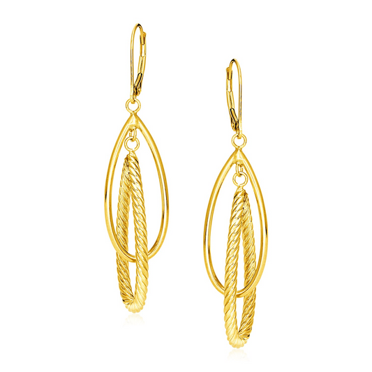 14k Yellow Gold Earrings with Shiny and Textured Teardrop Dangles