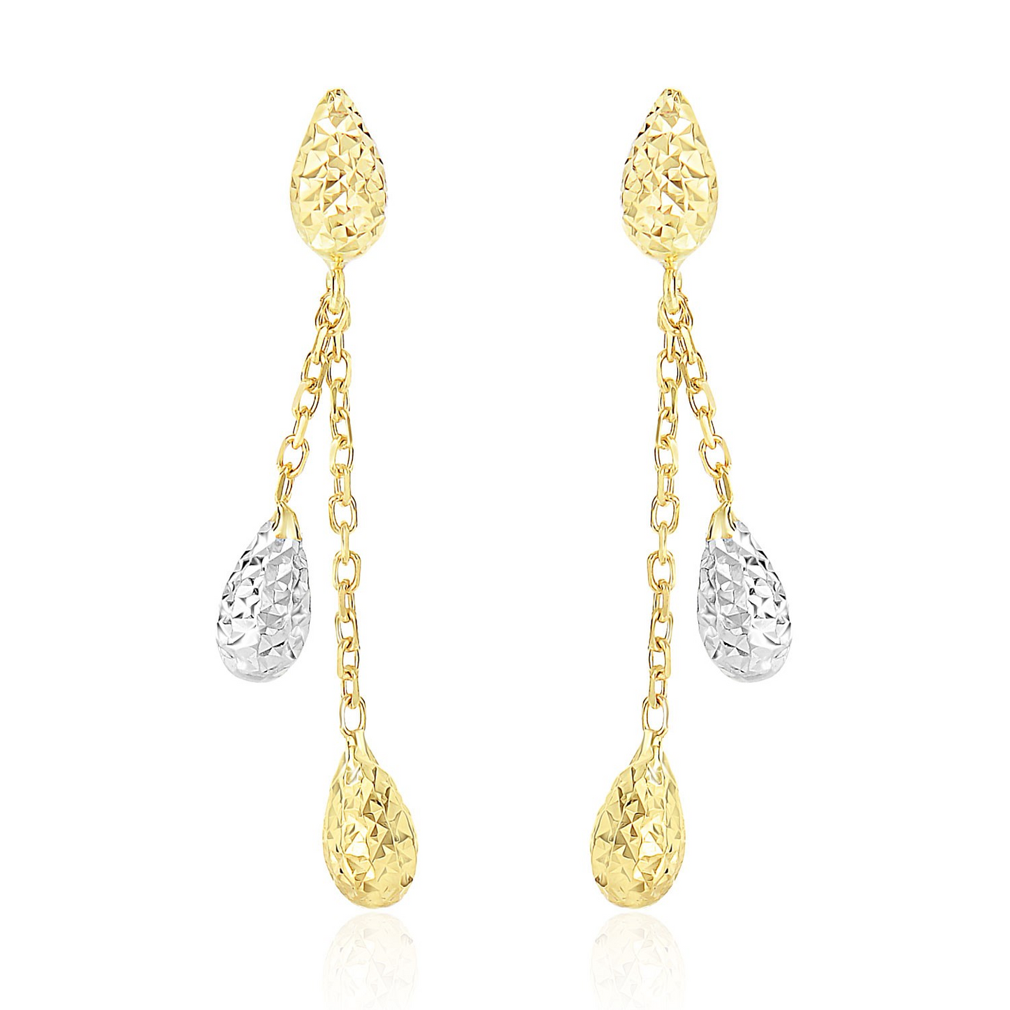 14k Two-Tone Gold Double Row Chain Earrings with Diamond Cut Teardrops