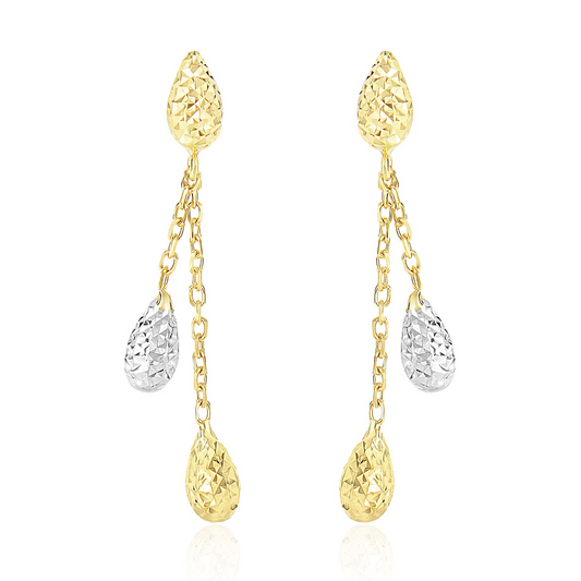 14k Two-Tone Gold Double Row Chain Earrings with Diamond Cut Teardrops