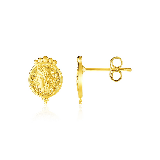 14k Yellow Gold Cameo Motif Post Earrings - Timeless Flair for Any Occasion