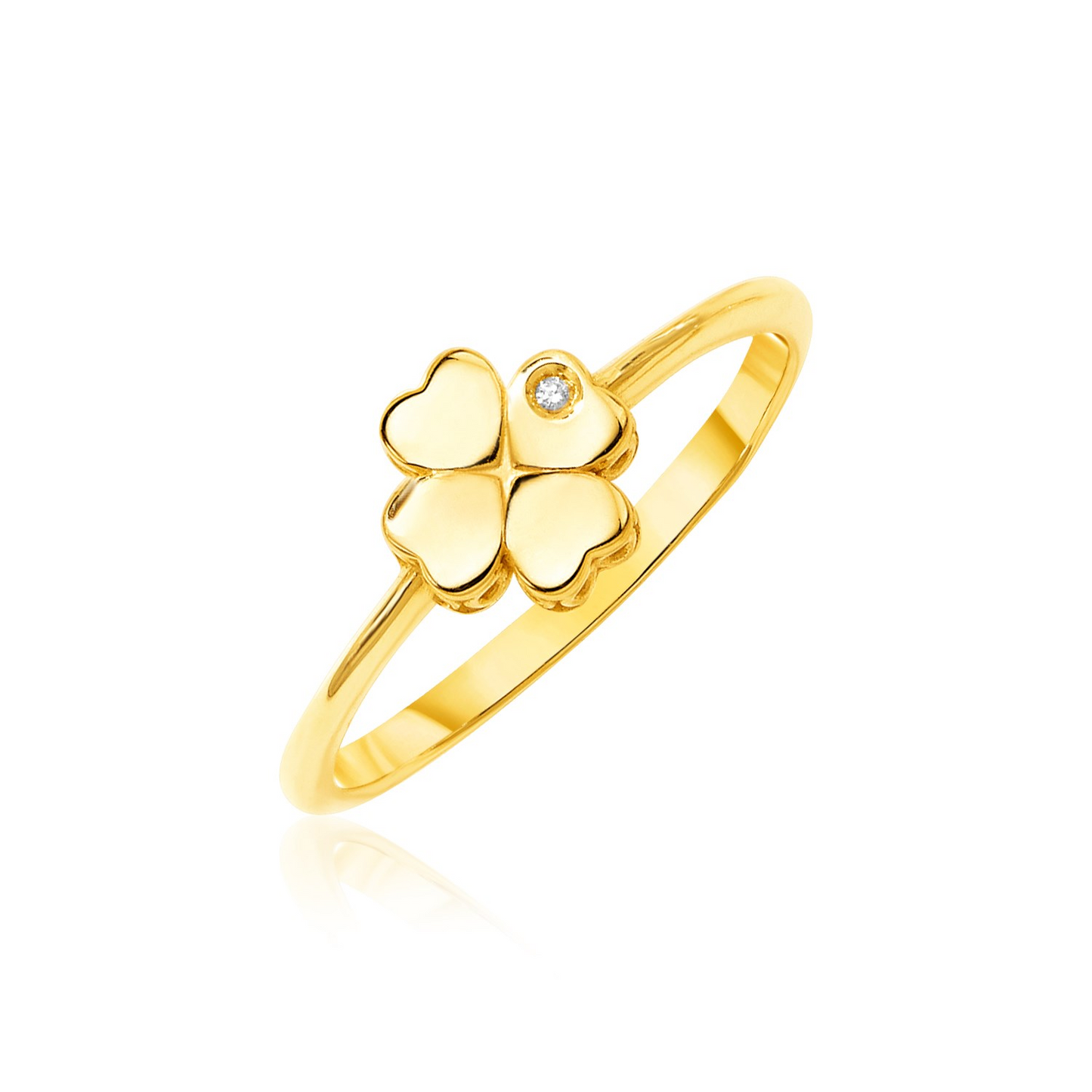 14k Yellow Gold Polished Four Leaf Clover Ring with Diamond - Good Luck and Sparkles