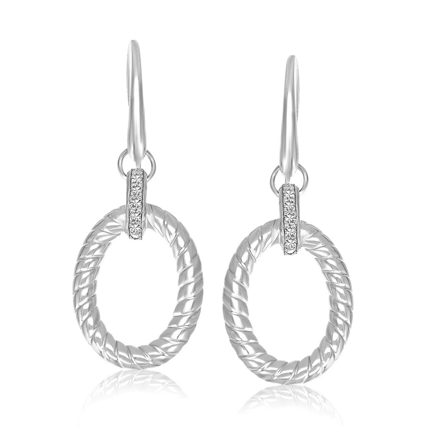 Sterling Silver Rhodium Finished Diamond Embellished Oval Rope Drop Earrings | Elegant and Chic Jewelry