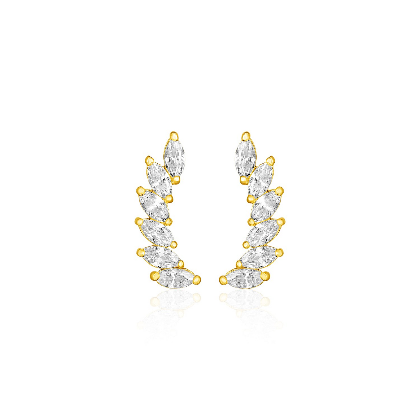 14k Yellow Gold Leaf Motif Climber Post Earrings with Marquise Cubic Zirconias