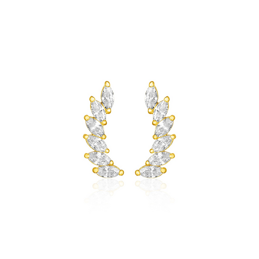 14k Yellow Gold Leaf Motif Climber Post Earrings with Marquise Cubic Zirconias