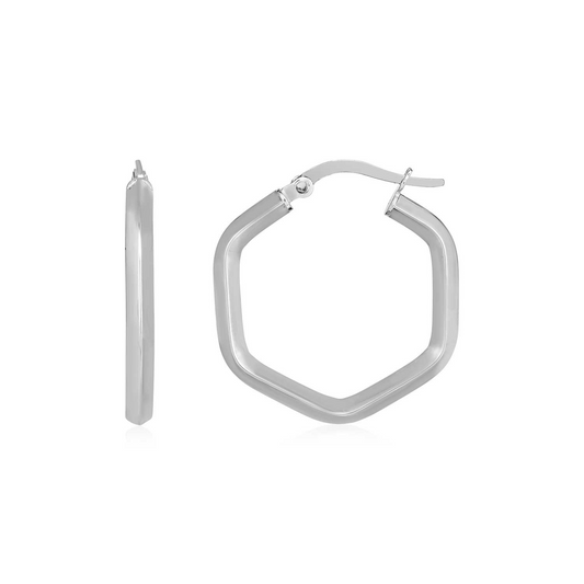 14k White Gold Shiny Hexagon Hoop Earrings - Classic Geometry and Unique Flair