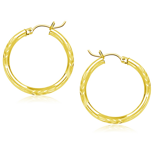 14k Yellow Gold Diamond Cut Hoop Earrings (25mm) - Elegant 14k Yellow Gold Hoops