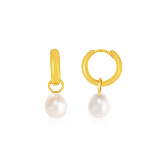 14k Yellow Gold Small Hoop Earrings with Pearls - Elegant and Timeless