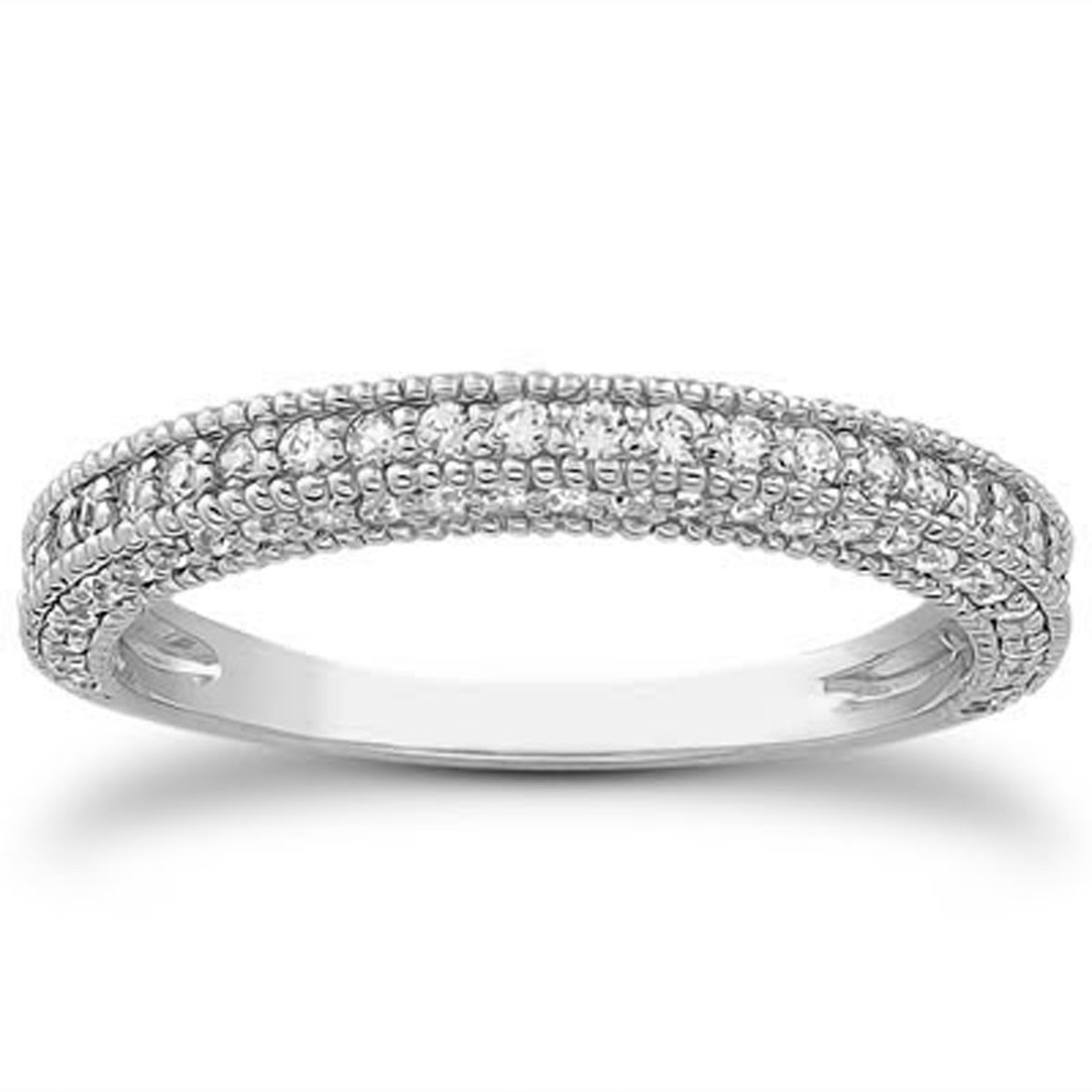 14k White Gold Fancy Pave Diamond Milgrain Textured Wedding Ring Band - Exquisite Design and Brilliant Sparkle