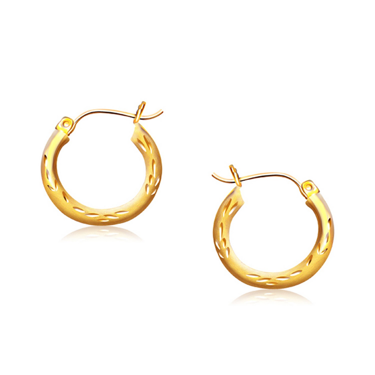 14k Yellow Gold Fancy Diamond Cut Hoop Earrings (5/8 inch Diameter) - Exquisite Leaf-Like Patterns