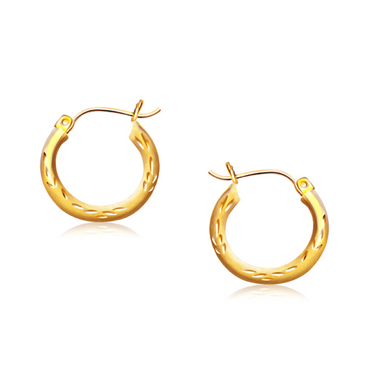 14k Yellow Gold Fancy Diamond Cut Hoop Earrings (5/8 inch Diameter) - Exquisite Leaf-Like Patterns