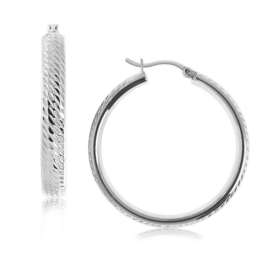 Sterling Silver Rhodium Plated Hoop Marquise Motif Diamond Cut Earrings (30mm) | Sparkly and Stylish