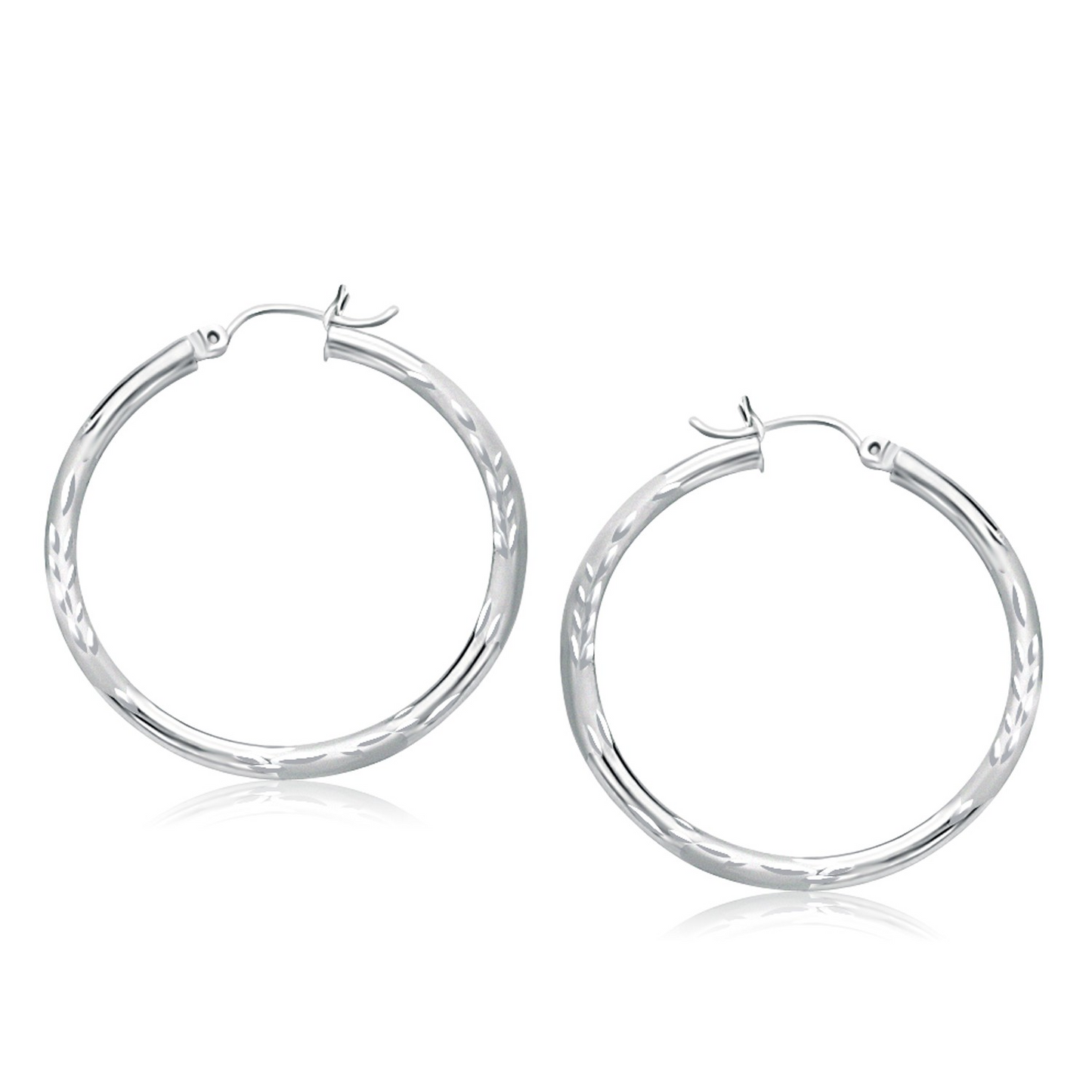 14k White Gold Fancy Diamond Cut Hoop Earrings (35mm Diameter) - Elegant and Sparkling