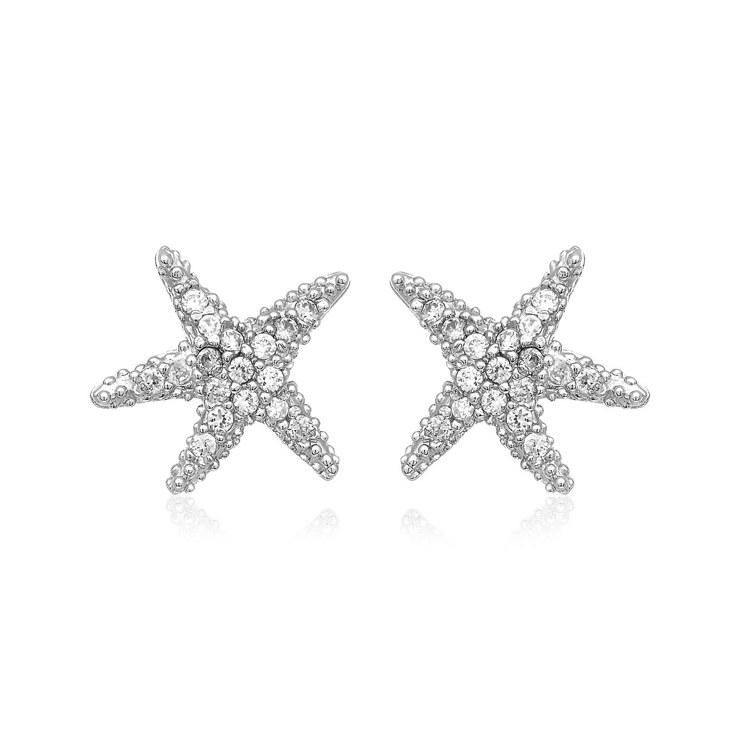 Sterling Silver Petite Starfish Earrings with Cubic Zirconias - Glittering Sea-Inspired Jewelry