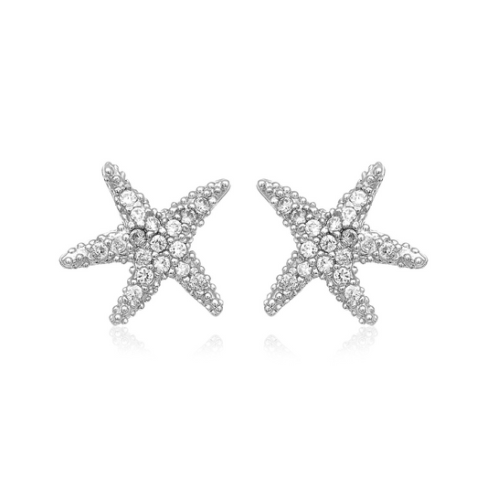 Sterling Silver Petite Starfish Earrings with Cubic Zirconias - Glittering Sea-Inspired Jewelry