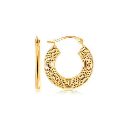 14k Yellow Gold Greek Key Small Hoop Earrings | Snap Lock Closure