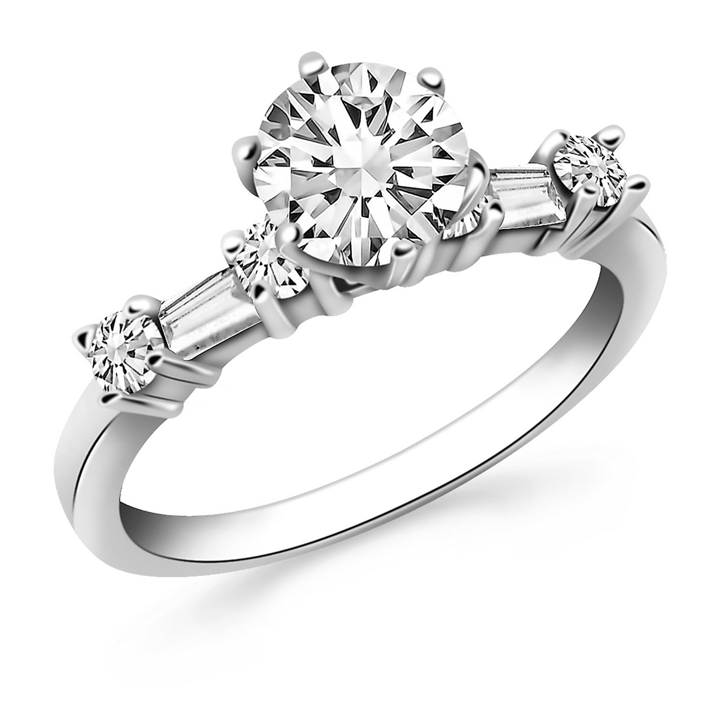 14k White Gold Engagement Ring with Round and Baguette Diamonds | Stunning Design