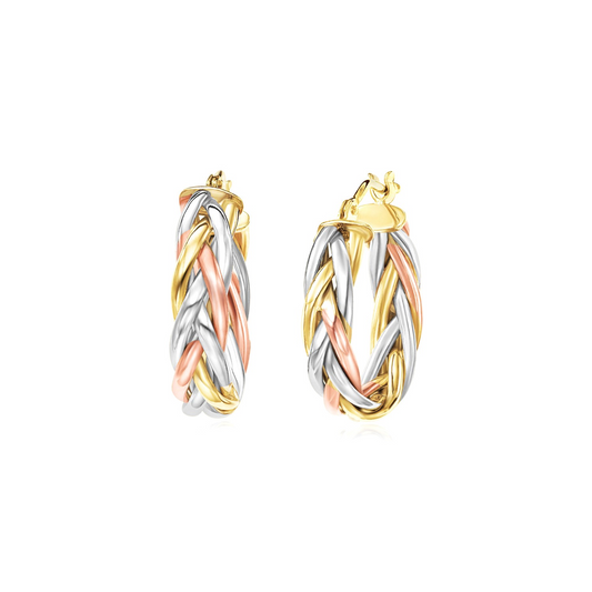 14k Tri Color Gold Three Toned Braided Hoop Earrings - Elegant and Unique