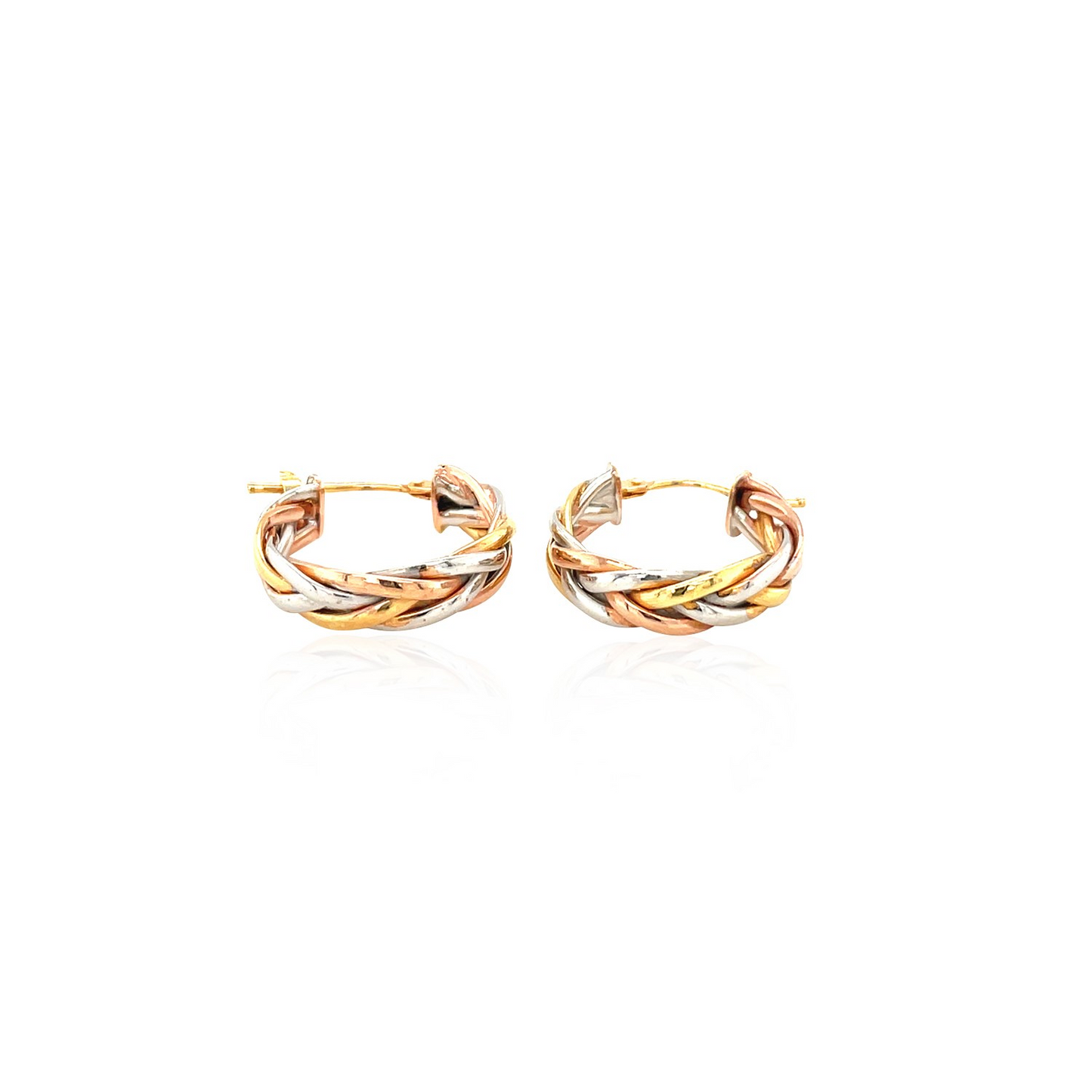 14k Tri Color Gold Three Toned Braided Hoop Earrings - Elegant and Unique