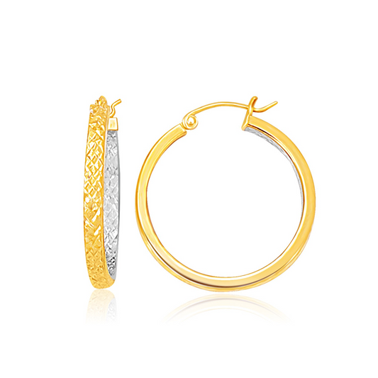 Two-Tone Yellow and White Gold Medium Patterned Hoop Earrings - Stylish and Versatile | Shop Now