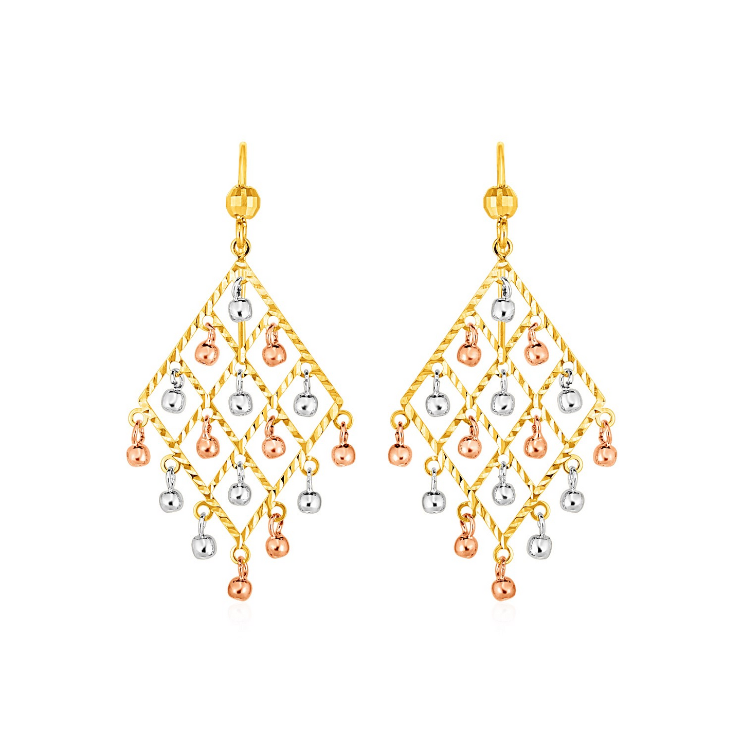 Textured Chandelier Earrings with Ball Drops in 14k Tri Color Gold