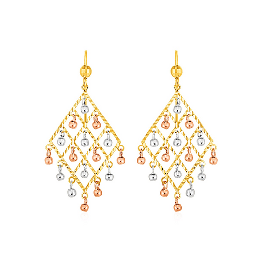 Textured Chandelier Earrings with Ball Drops in 14k Tri Color Gold