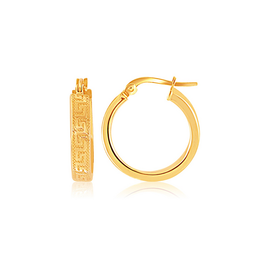 14k Yellow Gold Greek Key Small Hoop Earrings | Elegant Jewelry