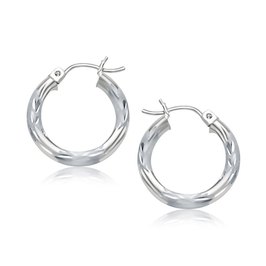 14k White Gold Hoop Earrings with Diamond Cuts (15mm) | Elegant Jewelry