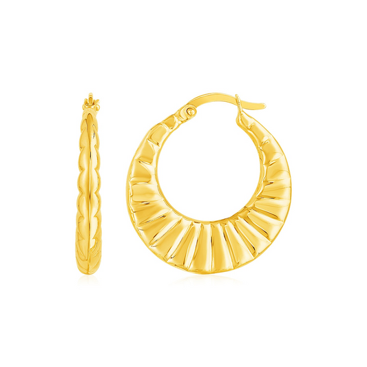 14k Yellow Gold Wide Puffed and Scalloped Hoop Earrings - Elegant and Versatile