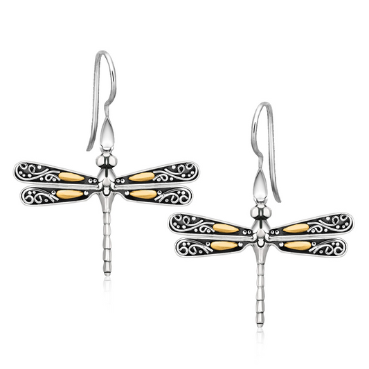 18k Yellow Gold and Sterling Silver Dragonfly Motif Drop Earrings - Elegant and Radiant