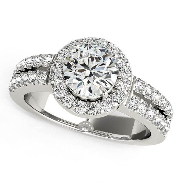 14k White Gold Halo Diamond Engagement Ring With Double Row Band