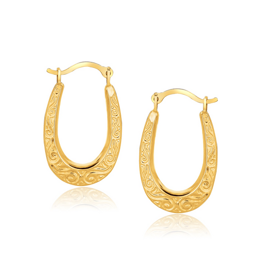 10k Yellow Gold Fancy Oval Hoop Earrings - Intricate Design, Secure Snap Post Backing