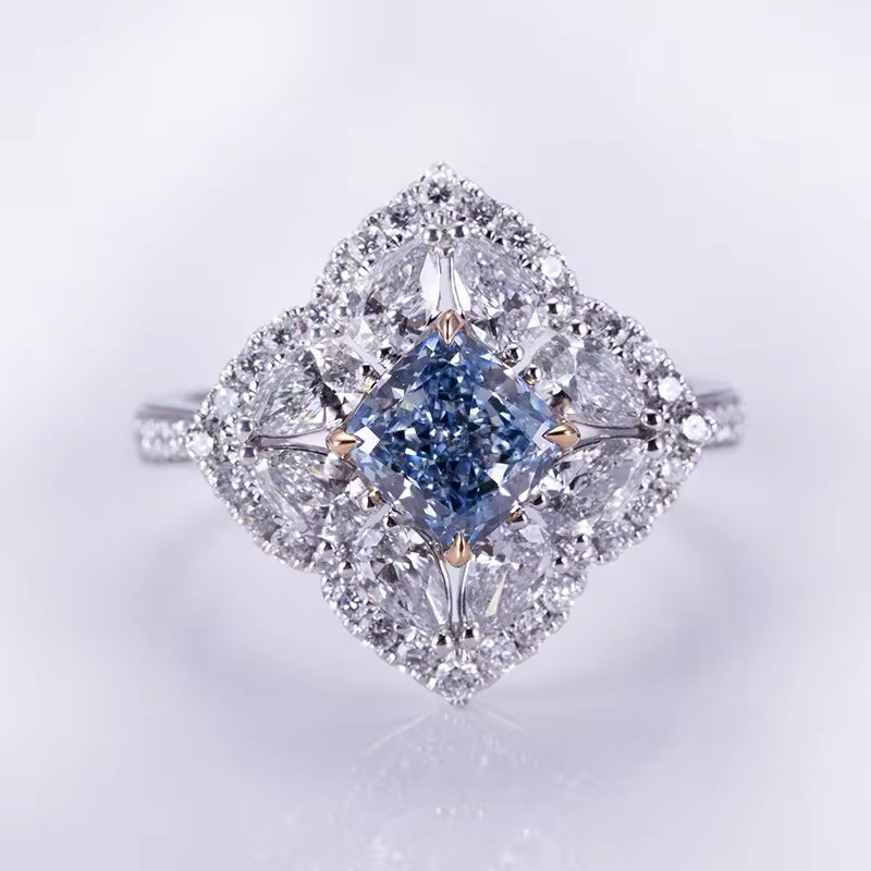 18K Fancy Blue Lab Diamond Ring Cushion Cut Ring Unique Design Wedding Engagement Ring