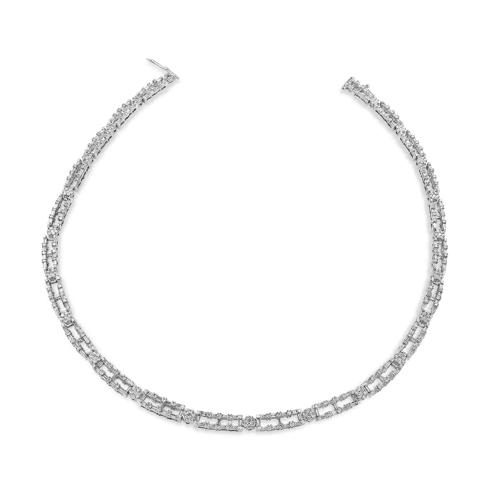 Collier ras du cou certifié AGS en or blanc 14 carats avec barre alternée de diamants de 8 1/2 carats et maillons floraux de 45,7 cm (couleur GH, clarté SI2-I1)