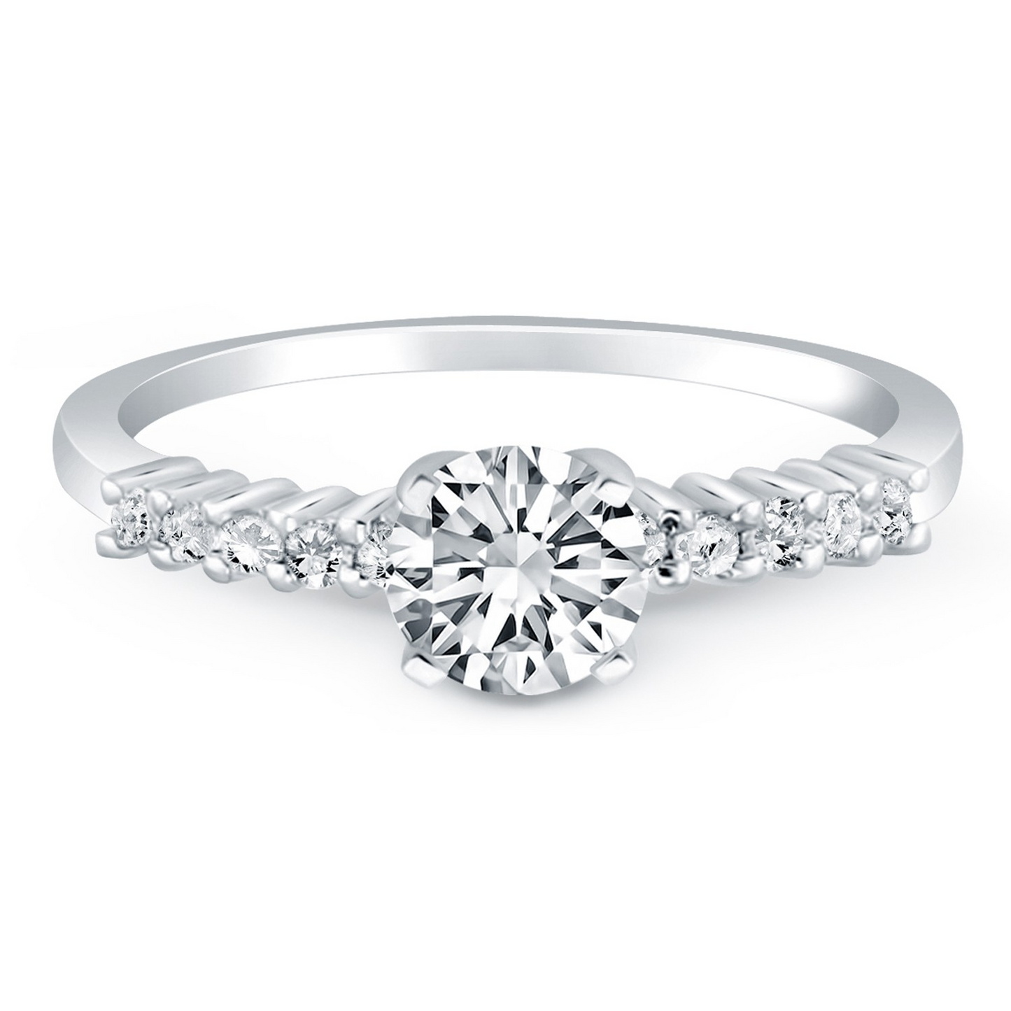 14k White Gold Shared Prong Accent Diamond Engagement Ring - Elegant and Sparkling