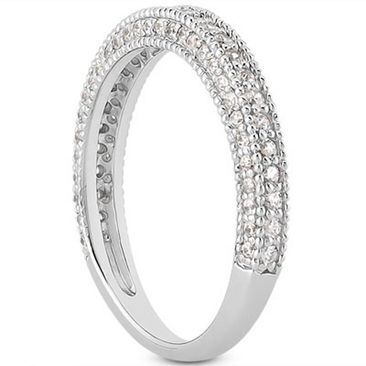 14k White Gold Fancy Pave Diamond Milgrain Textured Wedding Ring Band - Exquisite Design and Brilliant Sparkle