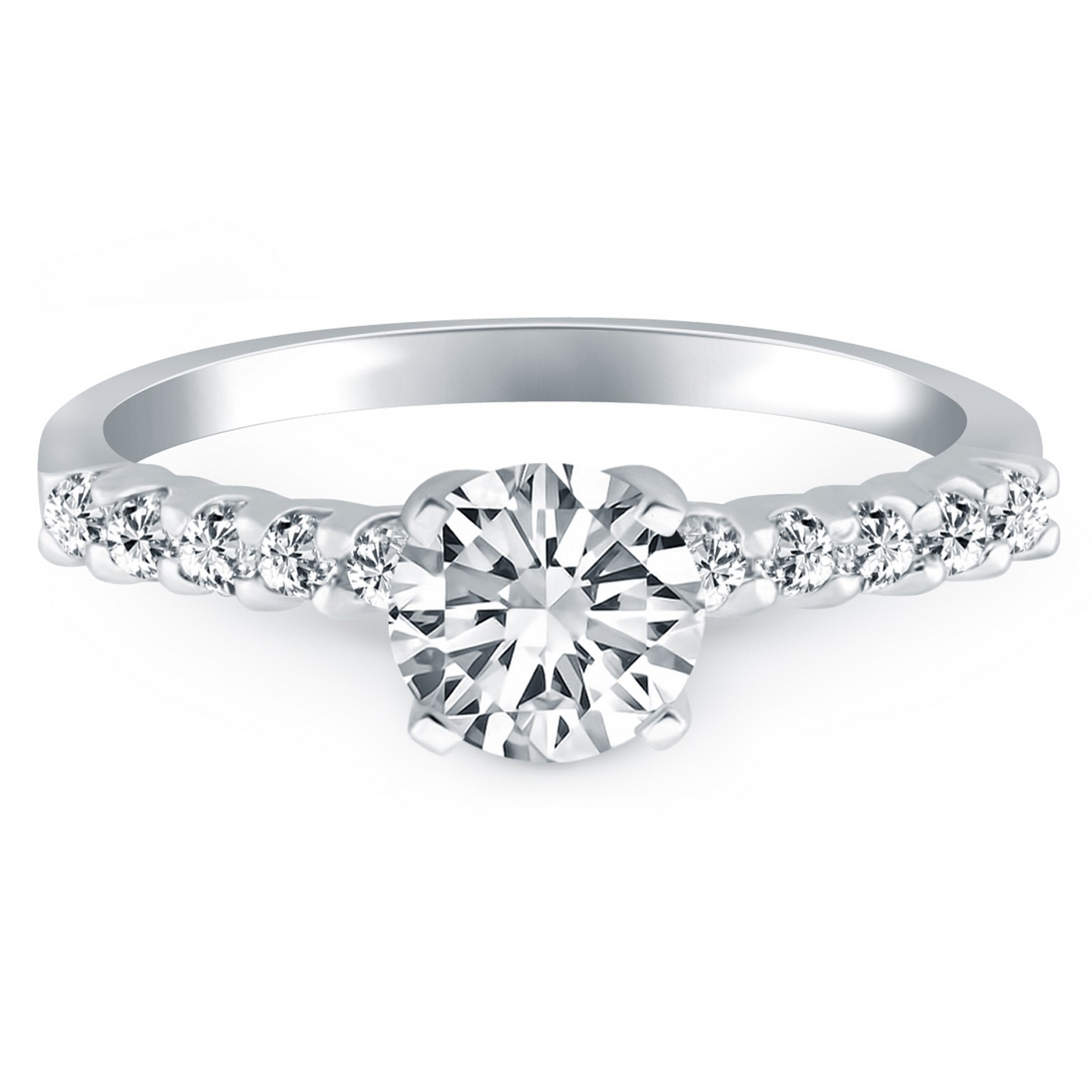 14k White Gold Shared Prong Diamond Band Accent Engagement Ring - Elegant and Sparkling