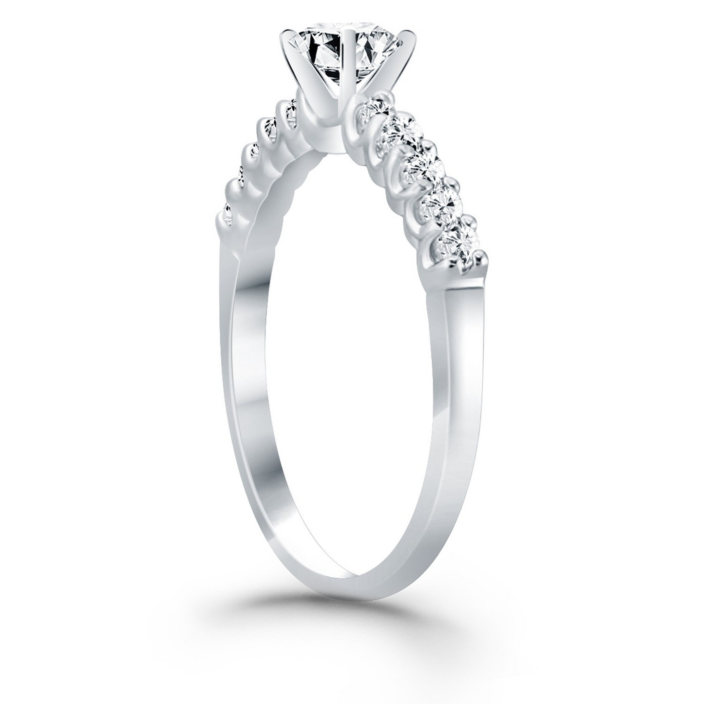 14k White Gold Shared Prong Diamond Band Accent Engagement Ring - Elegant and Sparkling