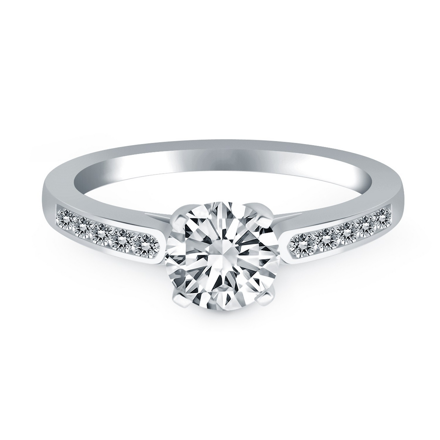 14k White Gold Diamond Channel Cathedral Engagement Ring - Elegant and Sparkling