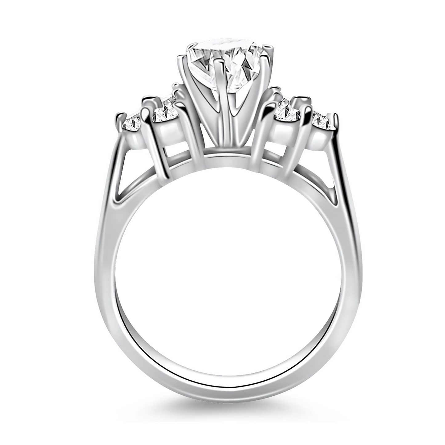 14k White Gold Cathedral Engagement Ring with Side Diamond Clusters | Elegant Diamond Ring