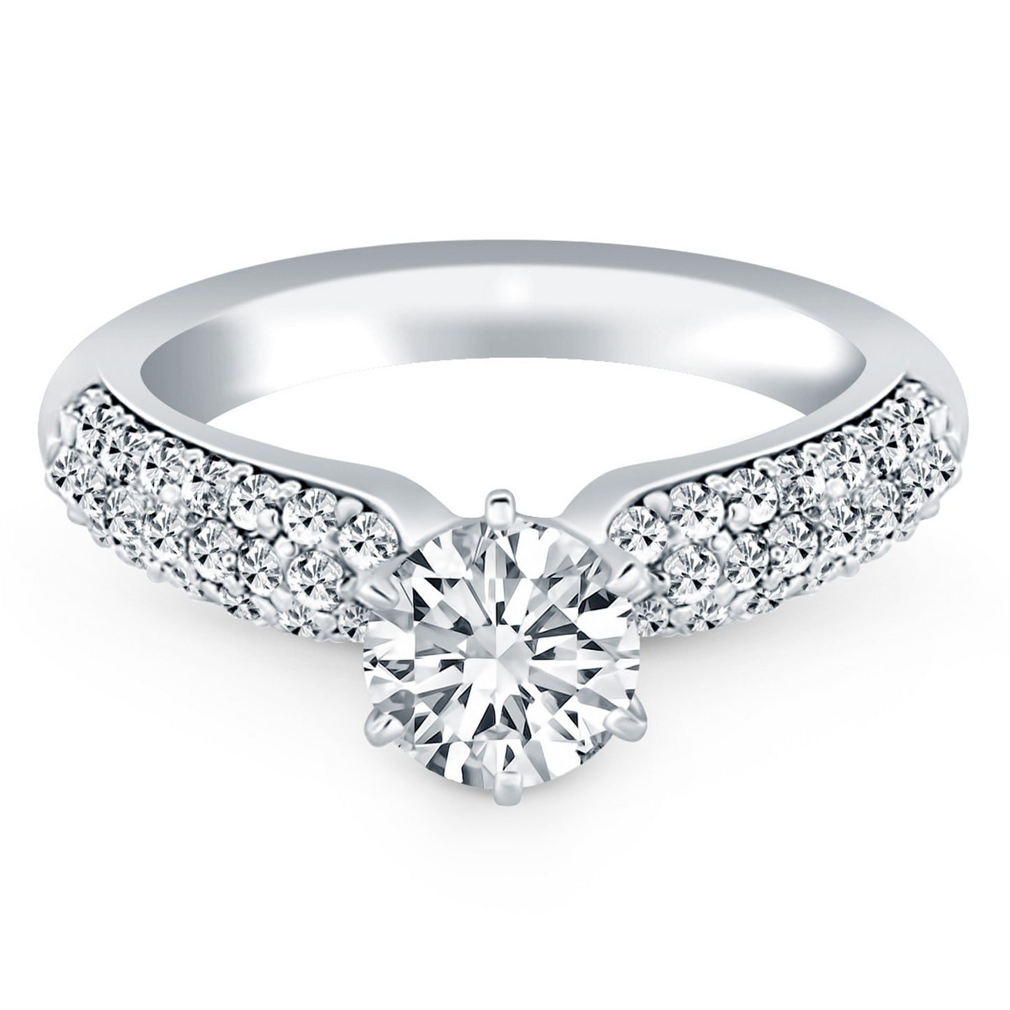 14k White Gold Triple Row Pave Diamond Engagement Ring | Stunning Elegance