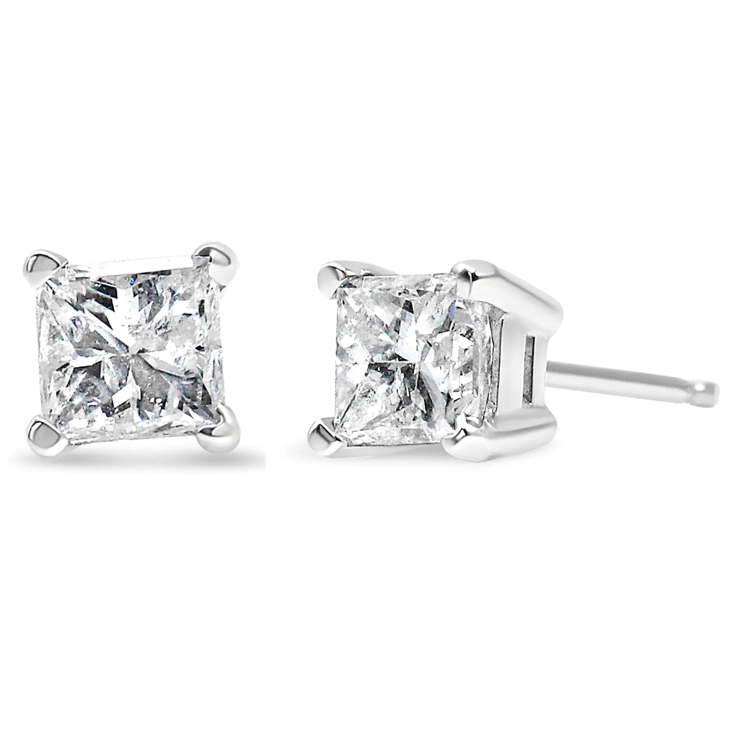 Boucles d'oreilles solitaires à 4 griffes avec diamant carré taille princesse certifié AGS en or 14 carats (couleur HI, clarté I1-I2)