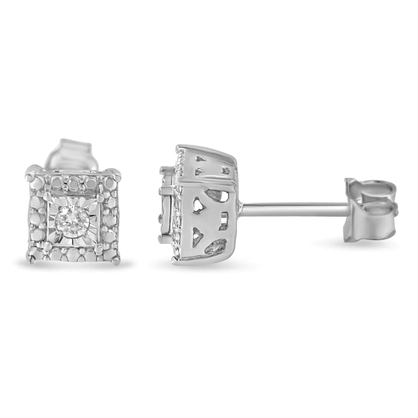 .925 Sterling Silver 1/10 Cttw Round Brilliant-Cut Near Colorless Diamond Miracle-Set Beaded Square Stud Earrings (H-I Color, I2-I3 Clarity)