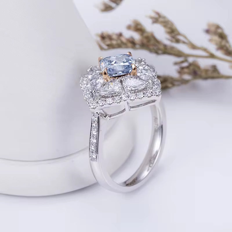 18K Fancy Blue Lab Diamond Ring Cushion Cut Ring Unique Design Wedding Engagement Ring