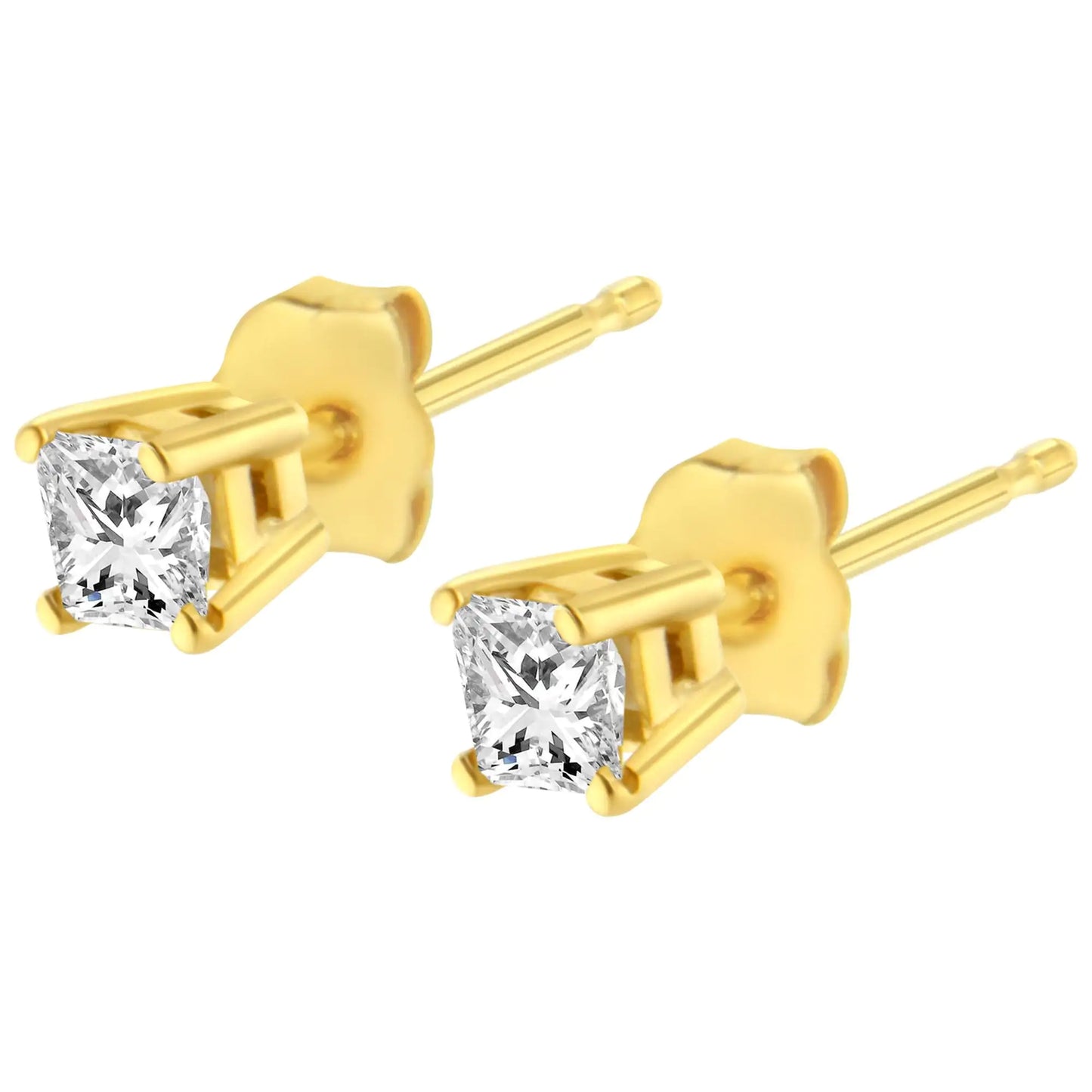 Boucles d'oreilles solitaires à 4 griffes avec diamant carré taille princesse 1/2 carat certifié AGS en or jaune 14 carats (sans couleur, clarté VS1-VS2)