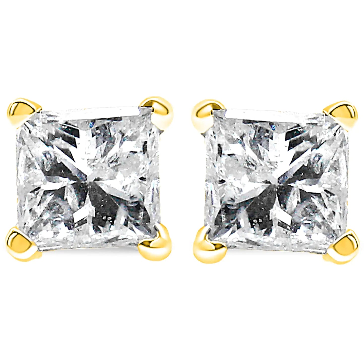 Boucles d'oreilles à tige solitaire carrées à 4 griffes en or 14 carats avec diamant taille princesse certifié AGS (couleur LM, clarté I1-I2)